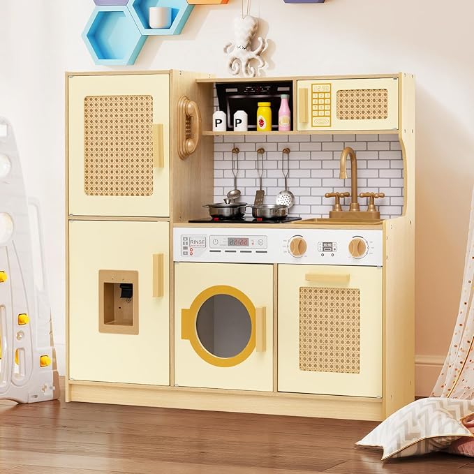 HONEY JOY Play Kitchen, Rattan Design Wooden Toy Kitchen Set for Toddlers, Stove with Lights & Water Dispenser, Range Hood, Cookware, Pretend Play Kids Kitchen Playset, Gift for Boys Girls (Yellow)