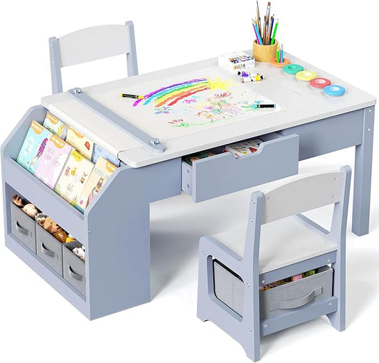 5-in-1 Kids Art Table and Chairs, Wood Toddler Table and Chair Set with Storage Drawers, Craft Play Desk for Kids, Convertible Art Easel with Paper Roll Holder, Children Activity Learning Center-Blue