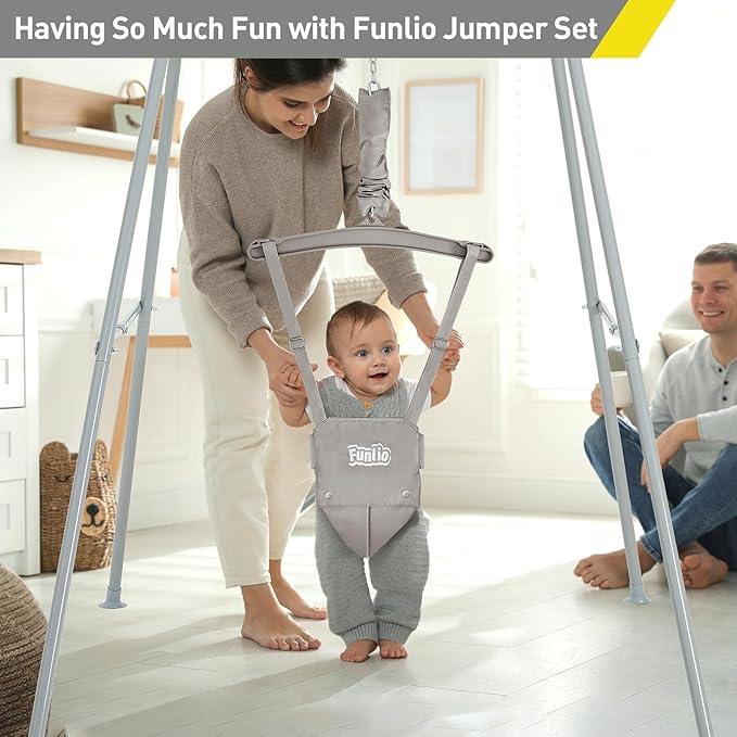 FUNLIO Baby Jumper with Stand for 6-24 Months, Infant Jumper for Indoor/Outdoor Play, Toddler Jumper for Baby Girl/Boy, with Adjustable Chain, Easy to Assemble & Store (with Stand) - Grey