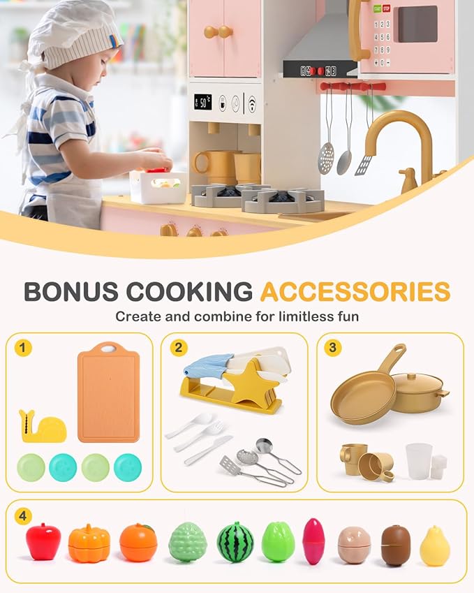 Babytronic Wooden Play Kitchen Set, Pretend Play Kitchen with Lights and Sounds for Kids Ages 3+, Includes Stove, Oven, Microwave, Coffee Maker, and Accessories, Toy Kitchen Set for Toddlers (Pink)