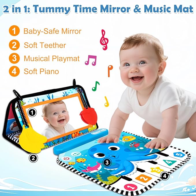Tummy Time Mat Mirror Toys - Musical Activity Playmat Baby Toys for Newborn - Black and White High Contrast Montessori Sensory Crinkle Toy for Infant 0-3-6-12 Months Babies Boys Girls Shower Gifts
