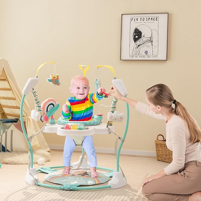 HONEY JOY Baby Bouncer Activity Center, Infant Jumper and Table w/ 360° Rotary Seat, 3 Adjustable Heights, Mat, Music, Lights, Sounds & Developmental Toys, Activity Center for Babies 6+ Months, Blue