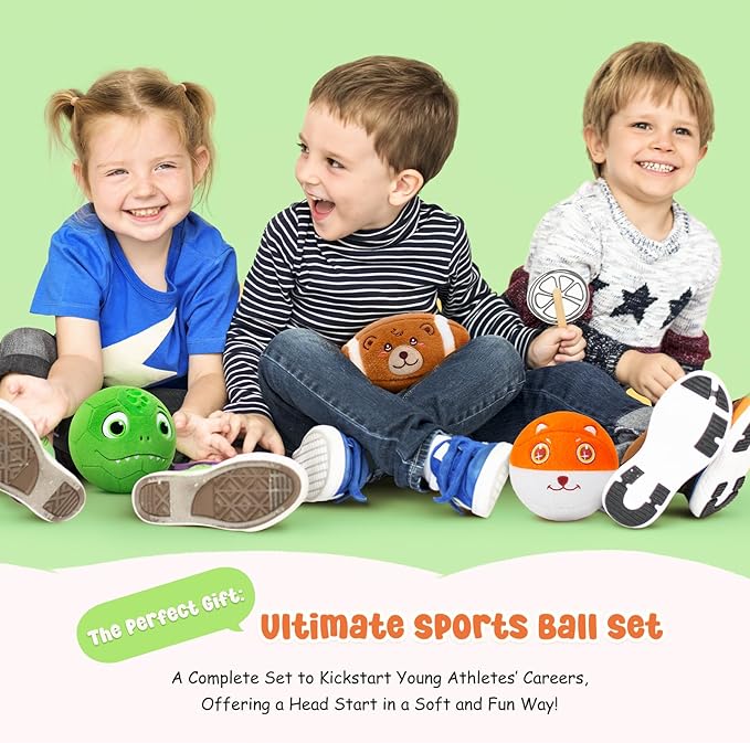 3 Pack Soft Sports Balls for Toddlers 1-3, Inflatable Plush Baby Balls Set for Kids 3-5, 5 Inch Soccer Ball & Basketball, 6.5 Inch Football, Mini Toddler Ball Toys for Boy Girl First Gifts