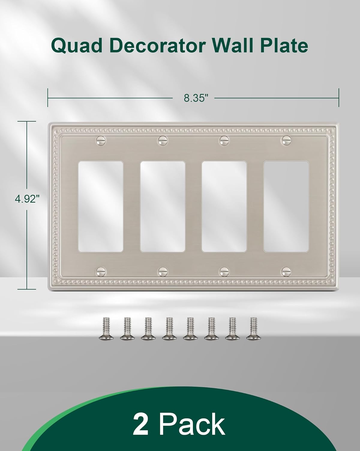 2-Pack Quad Decorator Outlet Cover Plate, Pearls Decorative Switch Plates and Outlet Covers, 4 Gang Brushed Nickel Metal Wall Plates, Corrosion Resistant