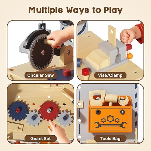 BIERUM Kids Tool Bench - Wooden Toddler Tool Bench with Electric Drill, Kids Workbench Playset with Realistic Tools, Tool Bench for Kids Ages 1-3 3-5, Pretend Play Construction Toy Gift for Toddler