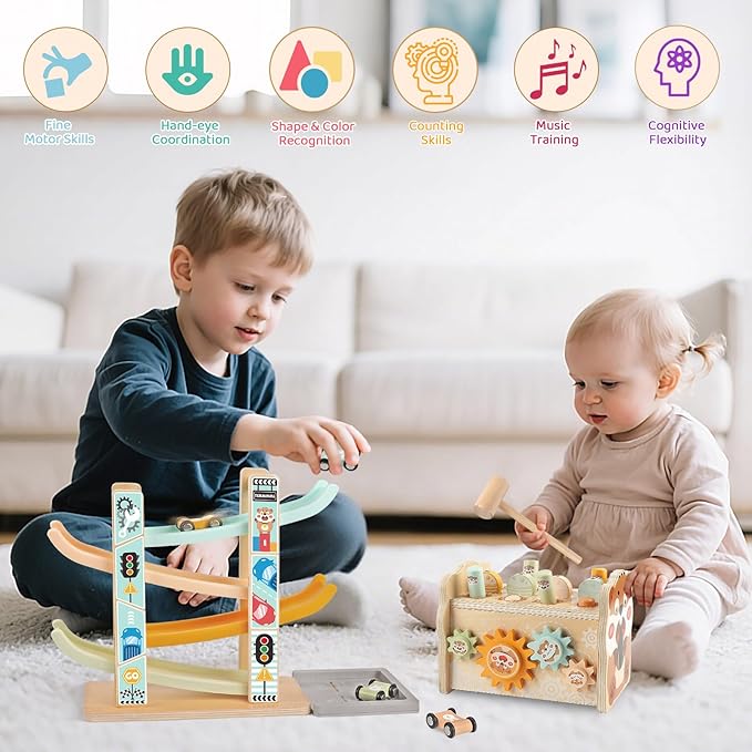 Wooden Montessori Toys for 1 Year Old, Pounding Hammering Toy with Xylophone & Fishing Game, Car Ramp Toy, Stacking Blocks & Shape Sorter 3 in 1 Wooden Toddler Toys 1 2 3 for Christmas Birthday Gifts