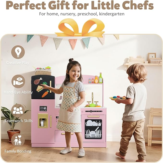 Pretend Kitchen Playset for Kids, Interactive Play Kitchen Wooden Toy Set w/Realistic Design, Sink, Microwave, Ice Maker, Dishwasher, Toddler Cooking Set Toy for Ages 3+, Pink