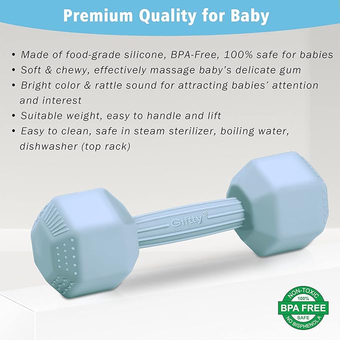 Giftty Baby Dumbbell - Silicone Infant Rattle Teething Toy Teether Toddler Sensory Toy Durable Safe Exercises Workout Weight - Great Gift for Baby Boys & Girls (1pcs - Tangerine)