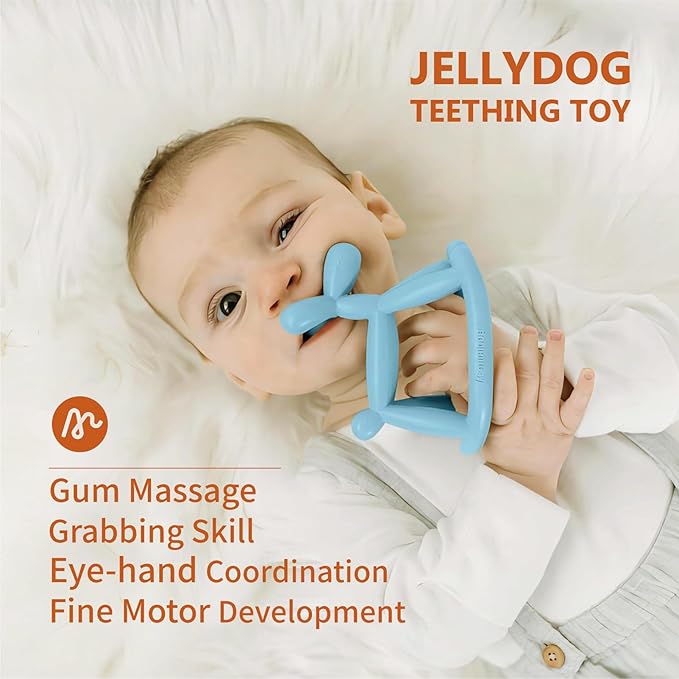 Teething Toys for Babies 0-6 Months, Jellydog Teethers for Babies 6-12 Months, Never Drop Food Grade Silicone Toddler Toys, Festivals Baby Basket Stuffers, Baby Boy Gifts, Cyan Blue