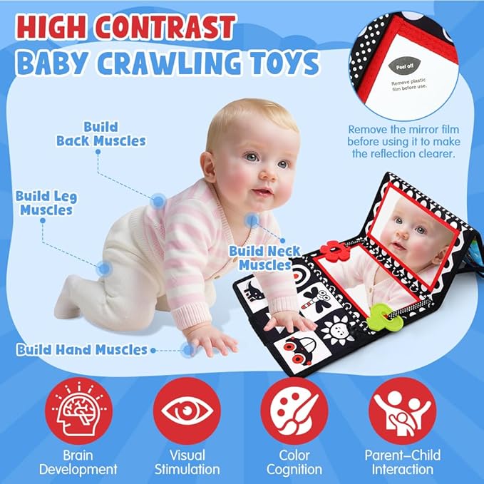 Tummy Time Mirror, Double-Sided Baby Mirror Black and White High Contrast Baby Toys for Babies Newborn Infant, Crawling Toys Boys Girls Sensory Toys Activity mat