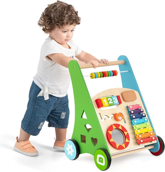 HONEY JOY Baby Push Walker, Wooden Infant Walker Activity Center with Shape Sorter, Develop Motor Skills & Creativity, Push Toys for Babies Learning to Walk, Gift for Boys and Girls, Colorful