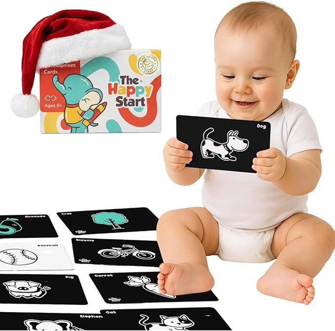 Happy Start High Contrast Baby Cards for Newborns - Black & White Cards, Water-Resistant, BPA-Free, Portable Educational Flashcards for Visual Stimulation, Award-Winning, Ages 0+ (English)