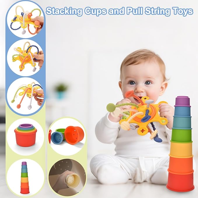 Baby Toys 6-12 Months,Baby Montessori Toys for 1 Year old,6-in-1 Sensory Toys for Babies 6-12 Month,Stacking Cups Building Blocks,Teething Pull String,Tissue Box Toys for 6-9-12-18 Months Baby Gifts