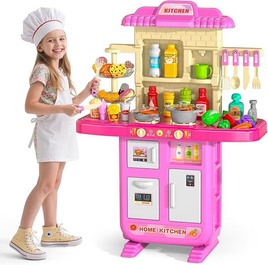 Play Kitchen Playset, Girls Kitchen Toys for Ages 2-6 4-8 with Light, Sound and Spraying, Sink Toy Accessories, Cooking Stoves, Pretend Food for Toddlers 1-3 3-5