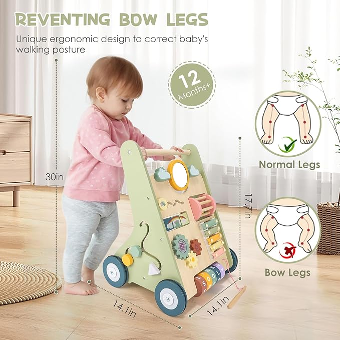 Baby Push Walker, Wooden Baby Walker with Wheels, Montessori Push Walker for Babies 6-12 Months, Adjustable Speed Push Walking Toys for Boys&Girls 1 Year Old, Christmas Birthday Gifts for Toddler