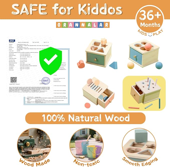 Montessori Toys for 2 3 4 5 Year Old - Wooden Object Permanence Box with Drawer Sensory Toys Shape Sorter Color Sorting Education for Baby Toddler Boy Girl Drop Busy Box (A-pegs)