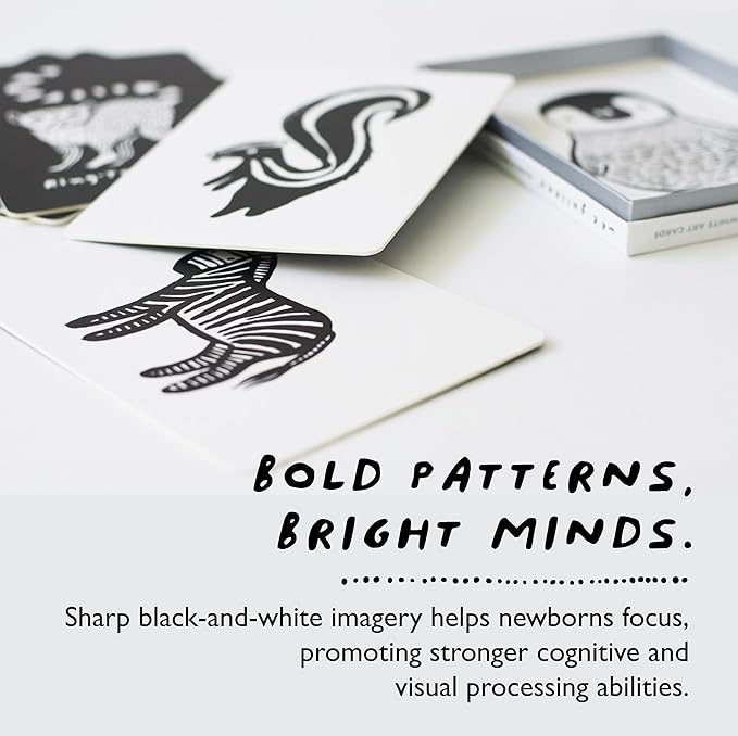 Wee Gallery Art Cards for Baby, Durable High Contrast Black and White Animal Flashcards for Newborns, Brain Development, Sensory Toys, Tummy Time Essentials for Infant and Toddler - Baby Animals