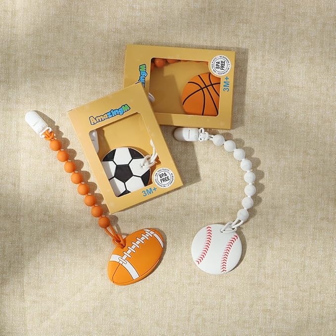 Baby Food Grade Silicone Sport Ball Teether Toy with Pacifier Clip Holder,Teething Toys Gift Set for 3 Months+ Boys and Girls,Freezer Safe,BPA Free. (Baseball)