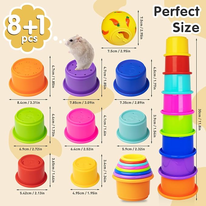 8 Pcs Colorful Stacking Cups and a Ball for Rabbits, Colorful Bunny Cups for Rabbits and Small Animals, Nesting Rabbit Cups of Different Sizes, Bunny Stacking Cups for Hiding Food and Playing