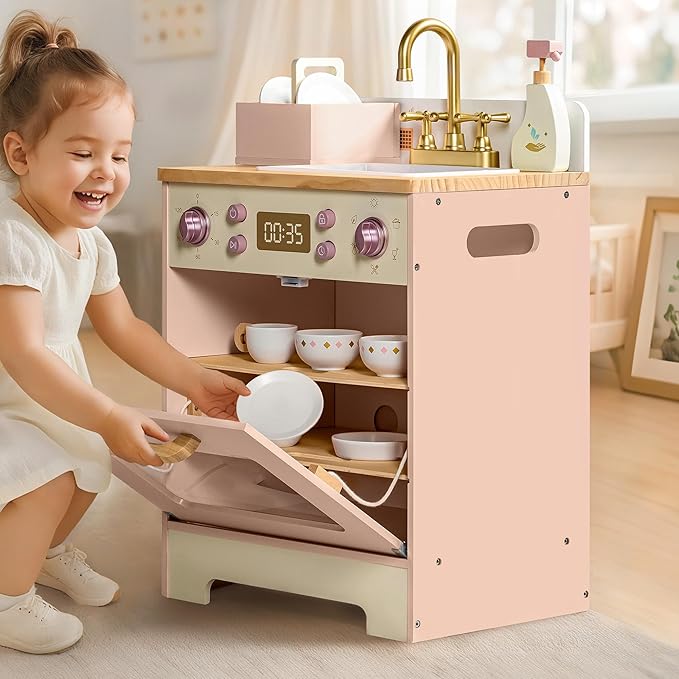 ROBOTIME Wooden Toy Dishwasher Sink – Pink Pretend Kitchen Toy with Gold Faucet, Turning Knobs, Dish Rack, Plates, Bowls, Cups – Montessori Wooden Play Kitchen for Girls Ages 3+