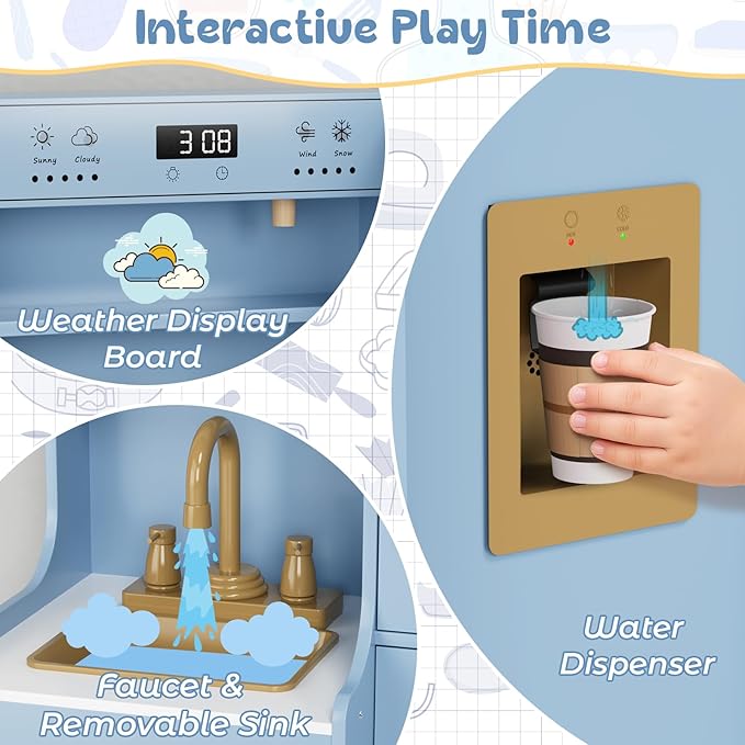 MAMIZO Wooden Play Kitchen for Kids, Toddler Toy Kitchen Playset, Large Interactive Pretend with 6 Kitchenware, Realistic Water Dispenser & Hood w/Lights & Sounds, Sink, Stove, Oven, Microwave (Blue)