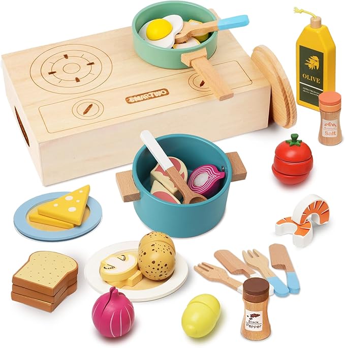 Wooden Play Cooking Set,27pcs Pretend Play Food Toys Set for Kids Toddlers, Wooden Kitchen Accessories Toys Set ,Cooking Toys with Play Dishes,Pot and Pan,Utensils,Gifts for 3 4 5 Years Old Girls Boys