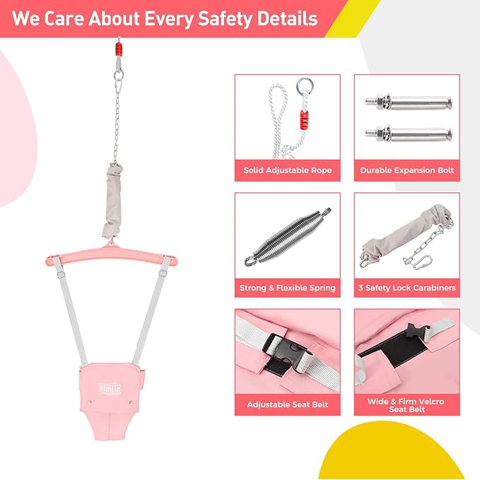 FUNLIO Baby Jumper with a Ceiling Hook for 6-24 Months, Baby Door Jumper for Indoor/Outdoor Play, Infant Jumper Doorway with Adjustable Chain, Easy to Assemble & Store (with a Ceiling Hook) - Pink