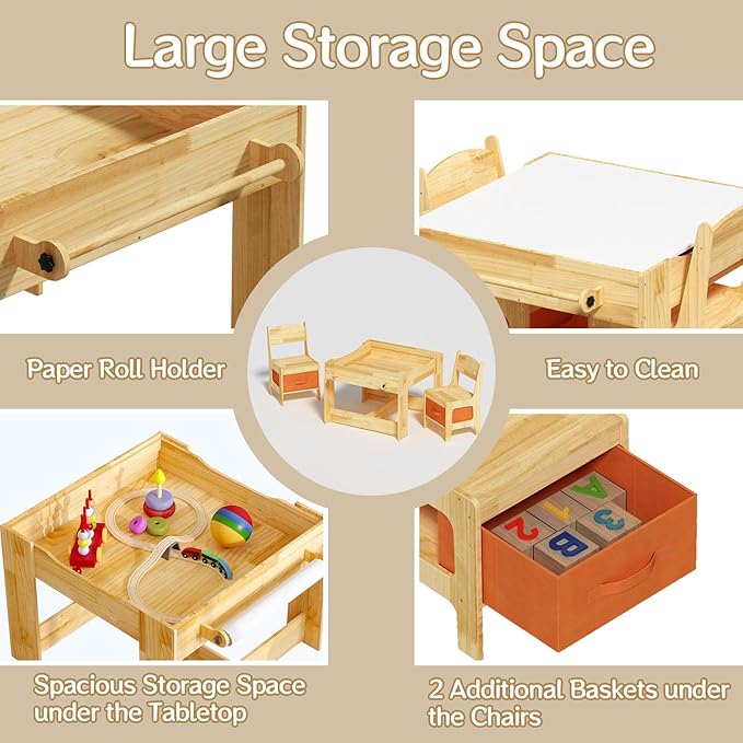 Pinewood Kids Table and Chair Set, 3 in 1 Toddlers Wooden Art Activity Table Desk with Chairs and Storage, Children Removable Tabletop, Blackboard, Natural