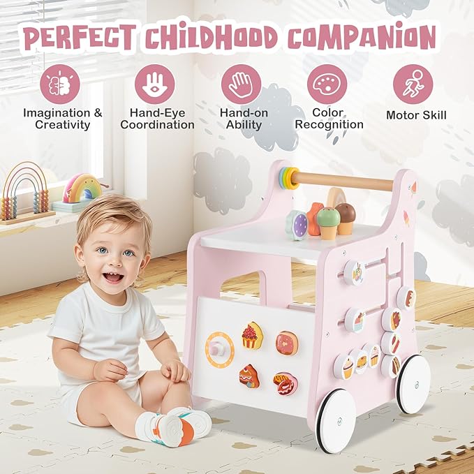 BABY JOY 2-in-1 Wooden Baby Walker, Montessori Activity Center w/Storage, Wheels, Kids Dessert Shop Walking Toy w/Ice Cream, Slider, Maze, Plate, Push Walker for Boys and Girls 1+ Years Old (Pink)
