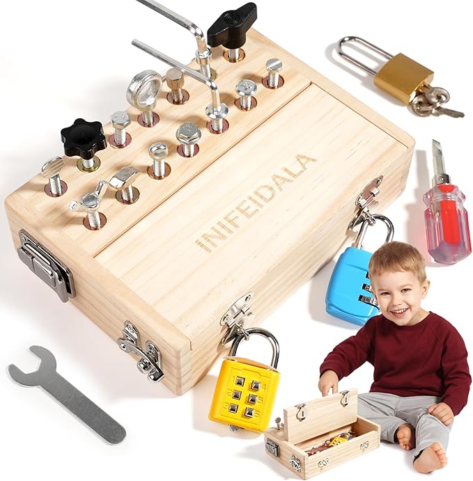 Montessori Busy Board Toddler Toys for Ages 3+ - Wooden Sensory Latches Board with Lock & Key & Kid Tool Screwdriver Set, Preschool Educational Toy - Fine Motor Skills - STEM Learning Toys