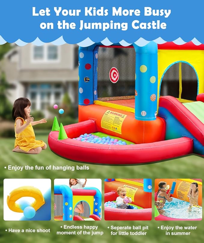 Step4Fun Inflatable Bounce House, Kids Castle Slide Bouncer for Children Jumping Outdoor and Indoor Party, Baby Backyard Water Jumper Toy with Blower, Ball Pit Pool, Ideal Gifts（112 x 98 x 65”）