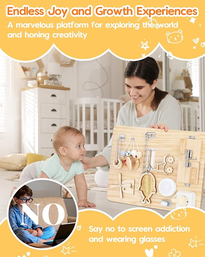 Montessori Busy Board for 1 2 3 4 Year Old, Wooden Sensory Toys, Montessori Sensory Toys for Fine Motor Skills, Sorting & Stacking Toys, Fidget Activity Board for ADHD & Autistic, Ideal Gift Choice