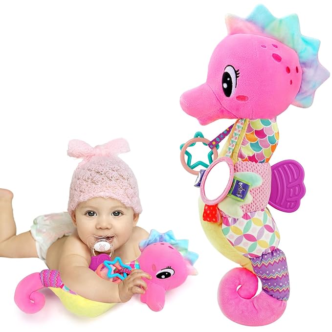 Baby Girl Toys 0-6 3-6 Months Musical Stuffed Animal Plush Pink Seahorse for Infant Tummy Time 6-12 Month with Baby Mirror Sensory Newborn Crinkle Developmental Toy Birthday Shower Gifts 0-3 4 5 Month