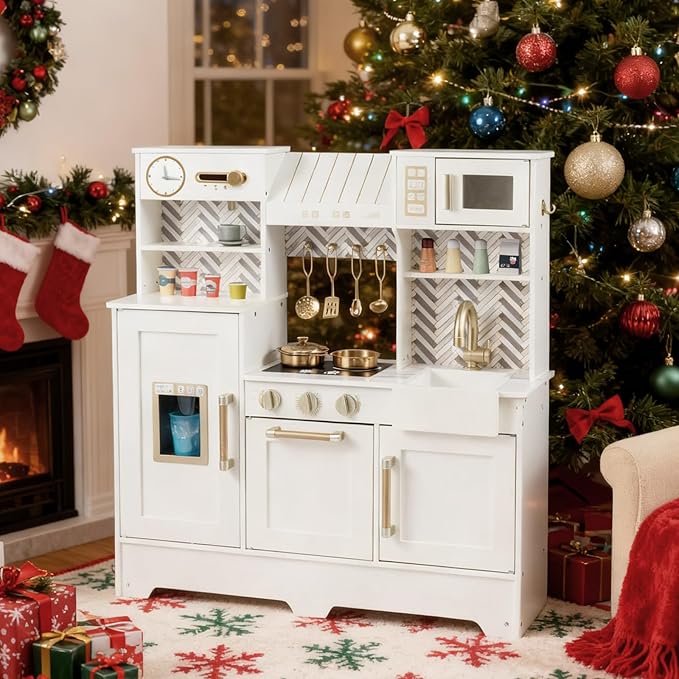 HONEY JOY Play Kitchen, Wooden Toy Kitchen Set with Coffee Maker, Microwave, Range Hood, Ice Maker, Stove, Dish Rack, Cookware, Pretend Play Kids Kitchen Playset for Toddler Boys Girls (White)