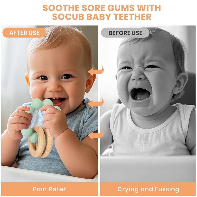 Socub Baby Teething Toys for 0-6 6-12 Months- BPA-Free Food-Grade Silicone & Natural Beech Wood Teether Ring for Newborn Infants Teething Relief- Easy-Grip Sensory Rattle Toys(Cambridge Blue)