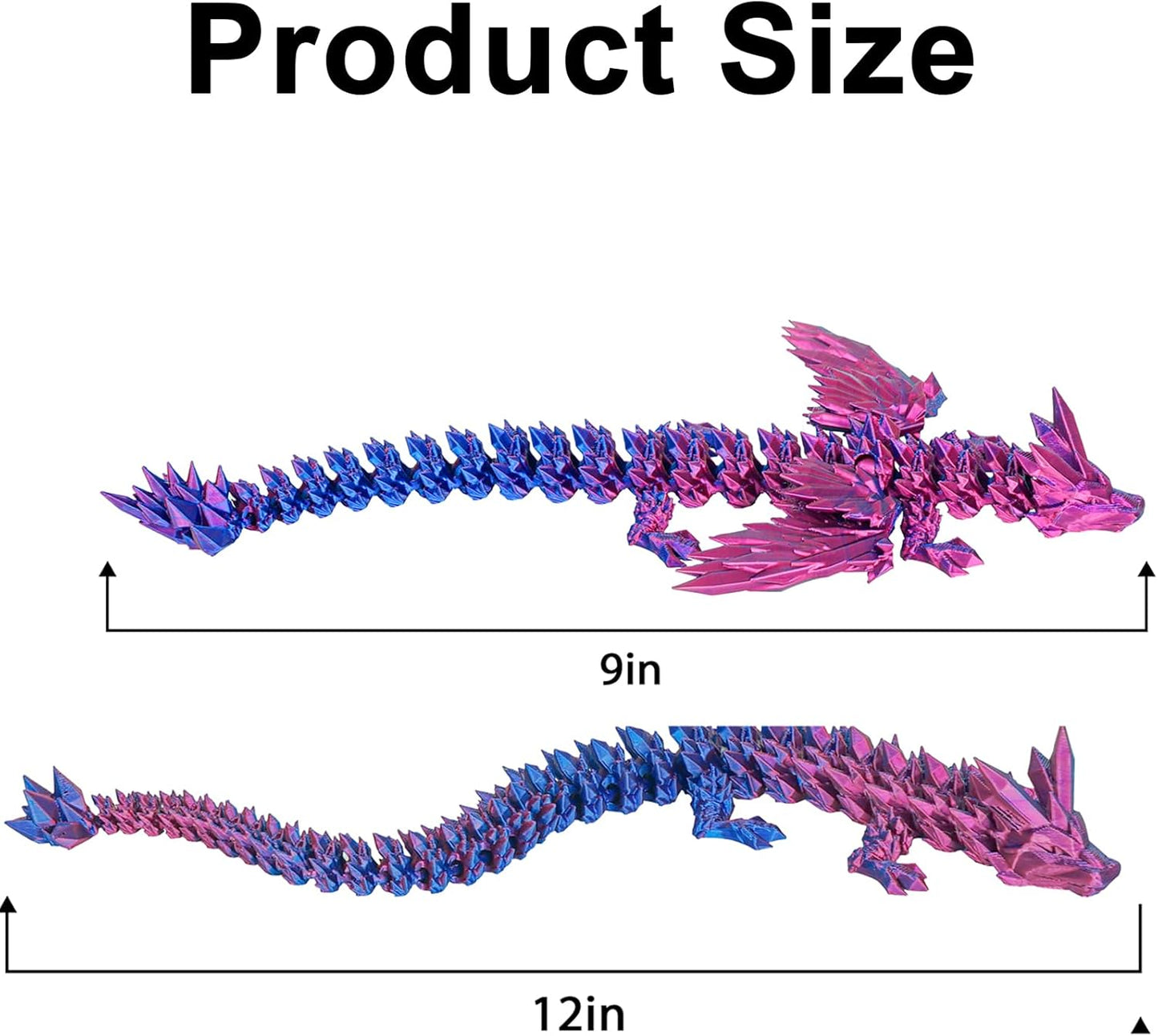 12“Crystal Dragon Without Wings & 9”Winged Articulated Dragon, 3D Printed Bulk Unique Funny Graduation Gifts for Kids, Executive Desk Fidget Toys Adults, Bath Pool water Toy (Gradient Deep Purple-Red)