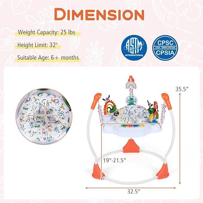 BABY JOY Baby Activity Center, Baby Jumpers and Bouncers with Music, Lights, 360° Rotating Seat, 3 Adjustable Heights, Montessori-Inspired Activity Center for Baby 6 Months + (Orange)