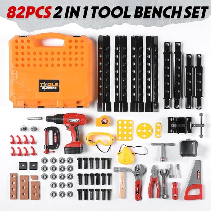 Kids Tool Bench with Electric Drill & Toddler Tool Set, 83 Pcs Toy Workbench for Toddlers 1-3, Transformable Kids Work Bench , Educational Toy Pretend Play Construction Play Kit for Boys&Girls 3-5