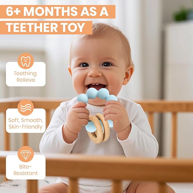 Socub Baby Teething Toys for 0-6 6-12 Months | BPA-Free Food-Grade Silicone & Natural Beech Wood Teether Ring for Newborn Infants Teething Relief | Easy-Grip Sensory Rattle Toys(Baby Blue)
