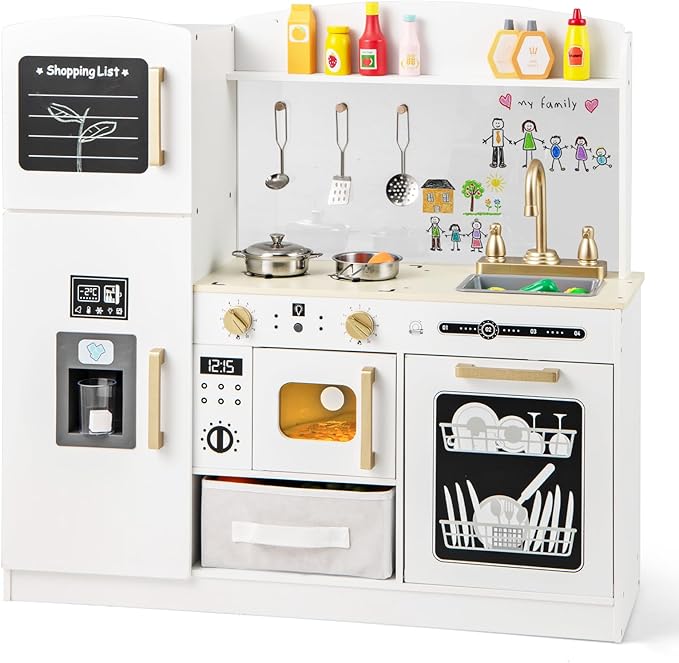 HONEY JOY Kids Kitchen Playset, Wooden Toy Kitchen Set with Lights & Sounds, Microwave, Ice Maker, Storage Box, Interactive Little Chef Pretend Play Kitchen for Toddlers, Gift for Boys Girls (White)