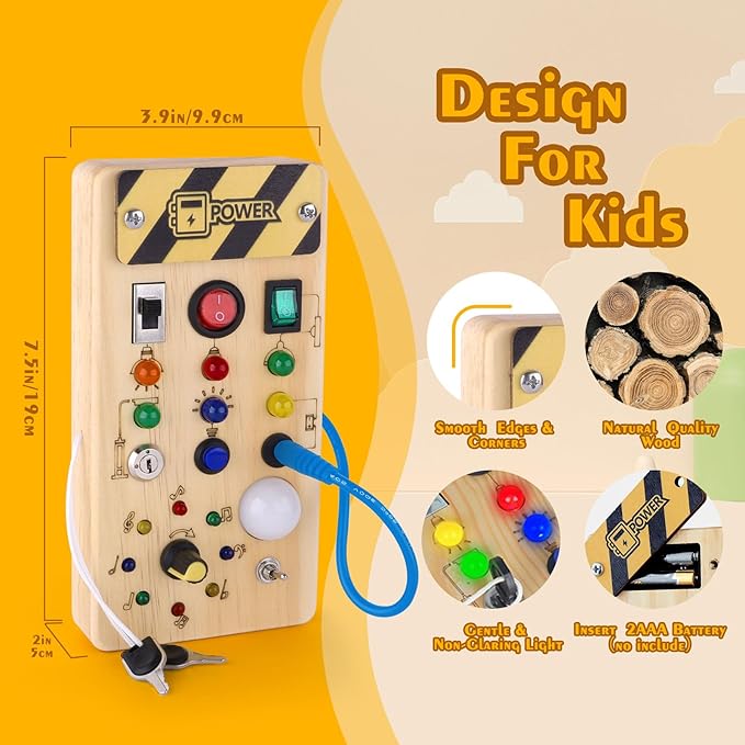 Hoarosall Montessori Wooden Busy Board with 8 LED Light switches, Sensory Toys Light Switch Travel Toys for 1+ Year Old Baby and Toddler
