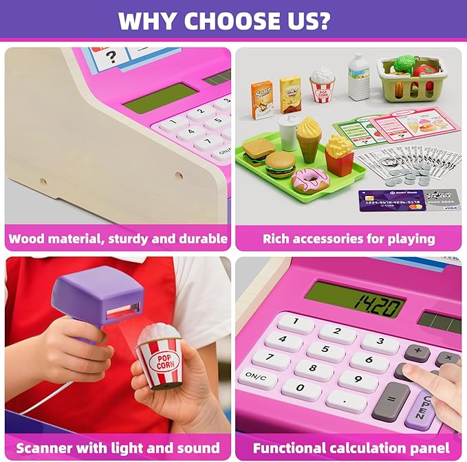 Kids Cash Register Toys, Rechargeable Wooden Toddler Pretend Play Supermarket & Fast Food Restaurant, Cashier Toy with Play Money, Pretend Food, Birthday Gifts for Kids Boy & Girl Age 4-8, Pink