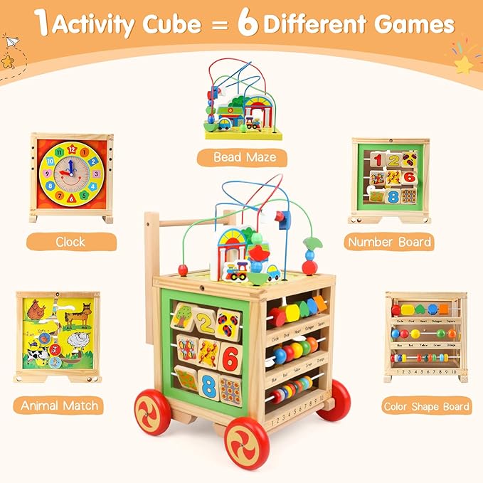 Wooden Activity Cube 6 in 1 Montessori Educational Learning Sensory Toys for 1 Year Old 12-18 Months Boys Girls First Birthday Gifts for Baby Toddler Toys Age 1-2 Bead Maze Shape Sorter Abacus