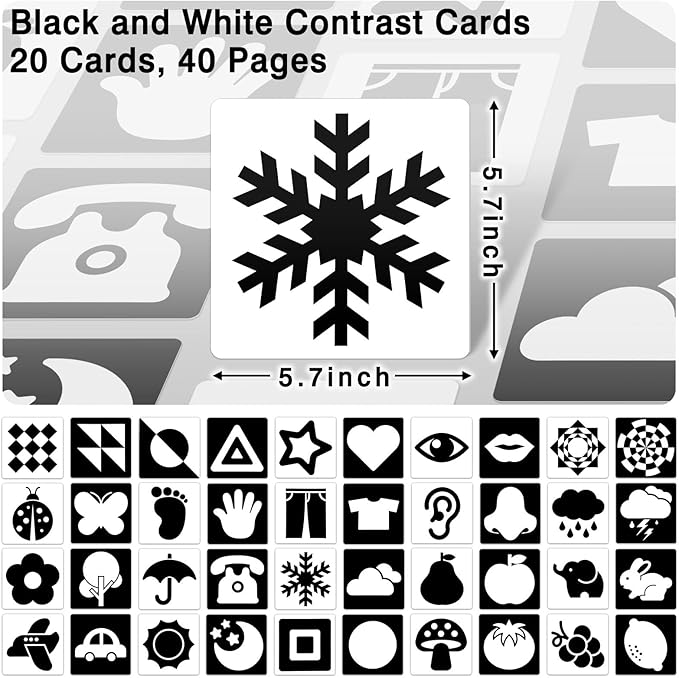 High Contrast Baby Cards for Infants, Black and White Baby Cards High Contrast Baby Toys for Newborns Visual Stimulation Brain Development Learning 20 Pcs 40 Pages 5.7'' x 5.7'' （0-3 Months）