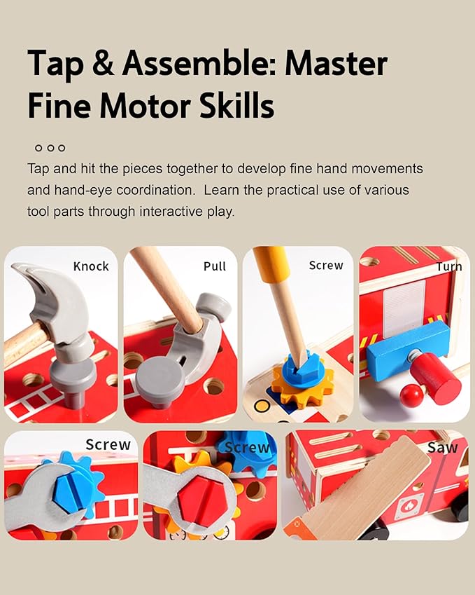 33-Piece Wooden Tool Set for Toddlers, Fire Truck Toolbox & Workbench Montessori Toys for 3-6 Year Olds, STEM Educational Pretend Play Tools, Construction Learning Gift for Boys Girls