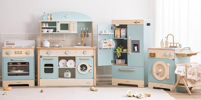 ROBUD Wooden Play Kitchen Set, Kids Toy Kitchen Set with Realistic Design, Utensils, Ice Maker, Fridge, Oven, Washer, Modern Style Play Kitchen with Accessories, Ideal Gift for Boys & Girls, Blue