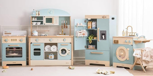 ROBUD Wooden Play Kitchen Set, Kids Toy Kitchen Set with Realistic Design, Utensils, Ice Maker, Fridge, Oven, Washer, Modern Style Play Kitchen with Accessories, Ideal Gift for Boys & Girls, Blue