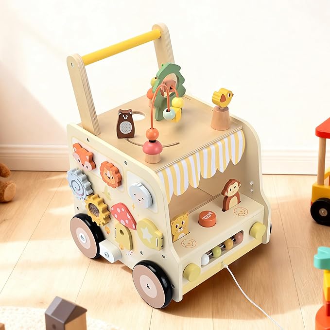 Wooden Activity Cube Push Walker, Wooden Baby Walker, Montessori Toys for Babies 10-12 Months 1 2 3 Years Old Boys & Girls, Help Learning to Walk & Sit-to-Stand