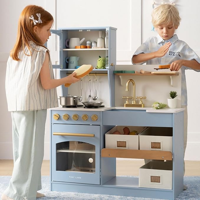Tiny Land Play Kitchen for Kids with Enhanced Storage – Modern Toddler Kitchen Playset with Stove, Sink & Accessories, Organized Wooden Toy Kitchen, Ideal for Toddlers