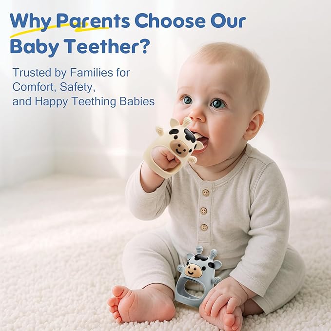 TOHIBEE 2 Packs Baby Teething Toys for 0-6 6-12 Months, Food Grade Silicone Adjustable Cow Teething Mitten, Chew Teether Toys for Teething Pain Relief, Baby and New Born Essentials, Blue & White
